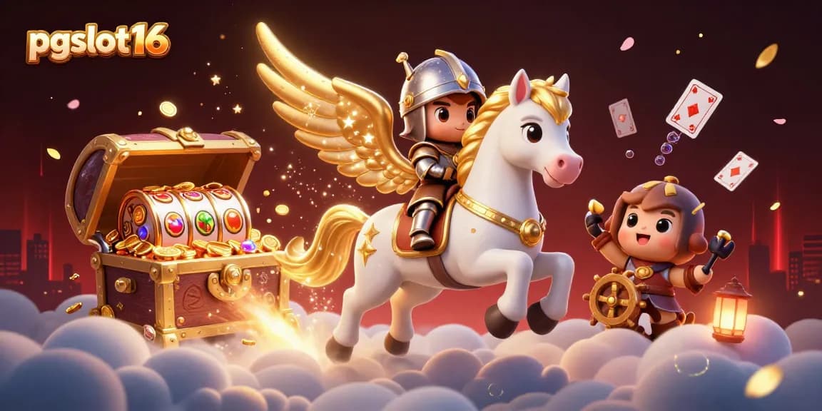 Experience exhilarating adventures with pgslot16 as golden treasures and playing cards fill a dynamic 3D fantasy scene.