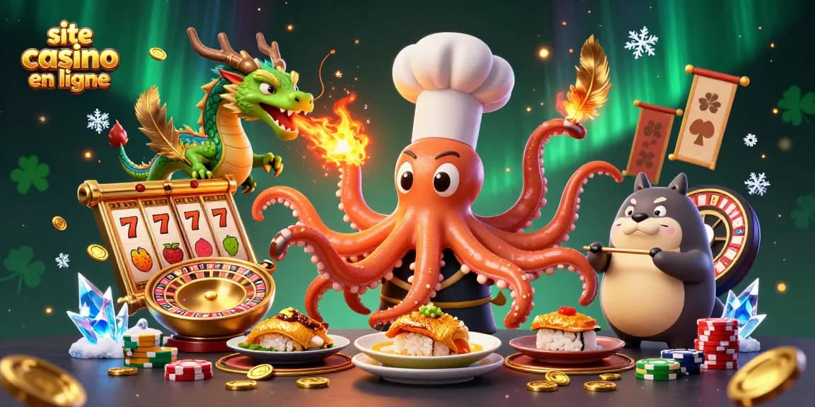 Illustration d'un site casino en ligne avec un chef sushi pieuvre et un dragon, animant une scène dynamique.