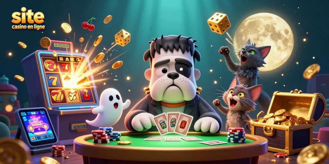 Ce site casino en ligne présente une illustration remplie de jeux et de personnages captivants dans un décor animé.