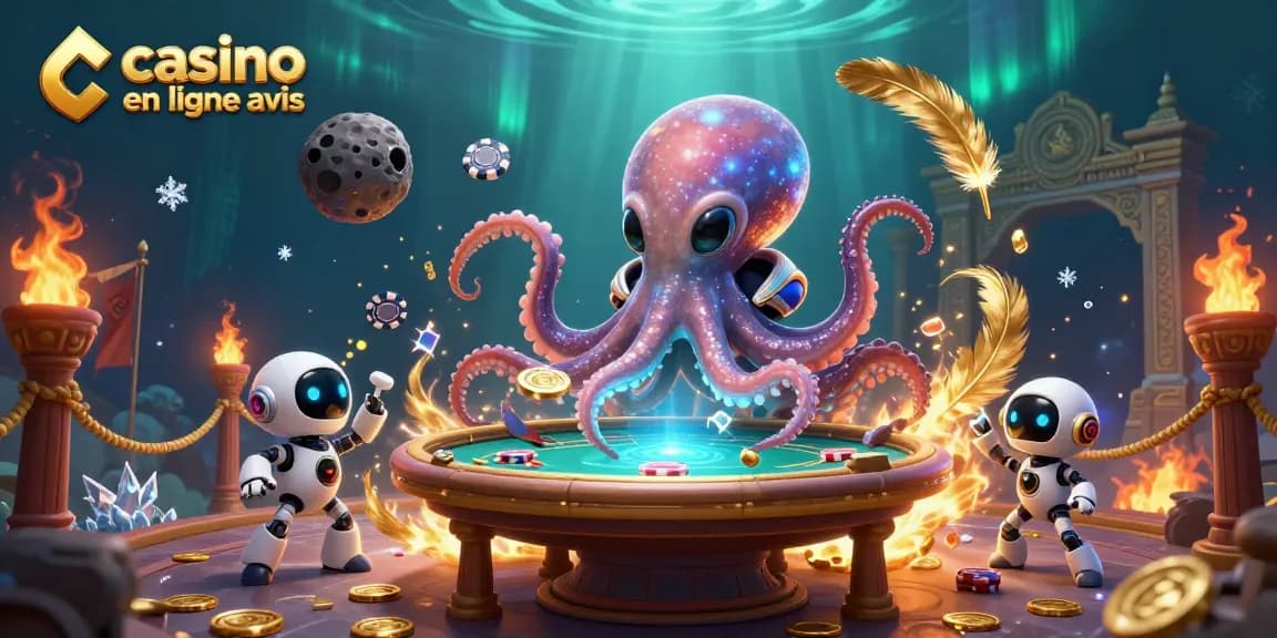 Illustration dynamique de casino en ligne avis avec un octopus extraterrestre jouant au poker sous les aurores boréales.