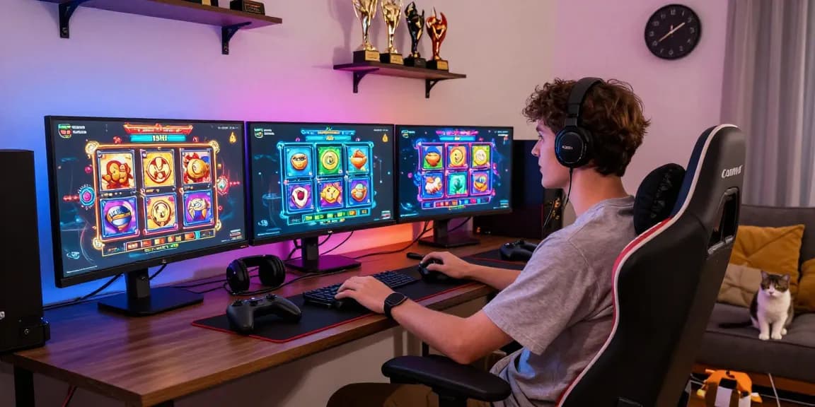 Engaging scene of a gamer enjoying situs slot gacor games in a vibrant living room