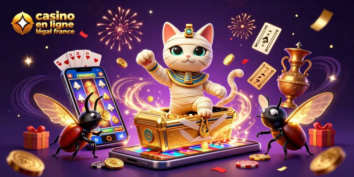 Le chat momifié égyptien et le scarabée célébrant sur casino en ligne légal en France
