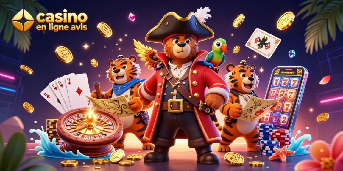 Offrir des avis sur les casinos en ligne avec une scène dynamique de pirates et de jeux vidéo.