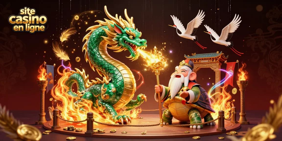 Plongez dans l'univers du site casino en ligne avec un dragon émeraude et des éléments de jeu captivants.