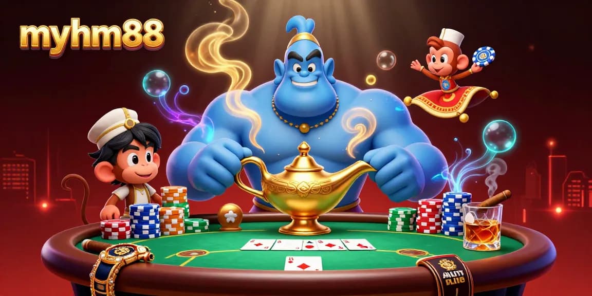 Transform your gaming experience with myhm88 in a rich casino scene filled with vibrant poker elements.