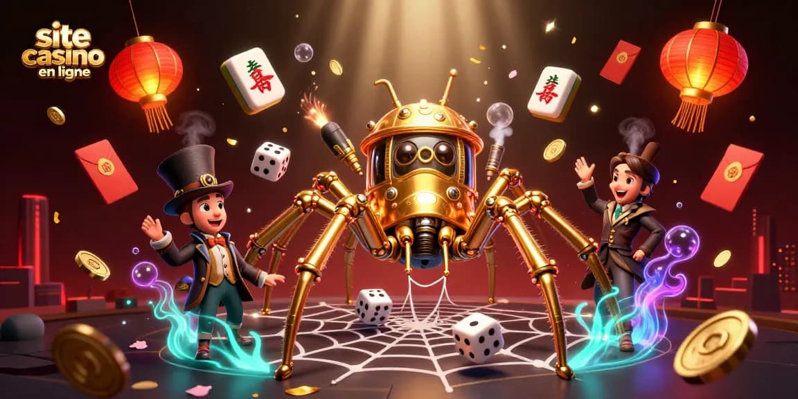 Du divertissement sur un site casino en ligne, une araignée d'or steampunk et des éléments de jeu captivants.