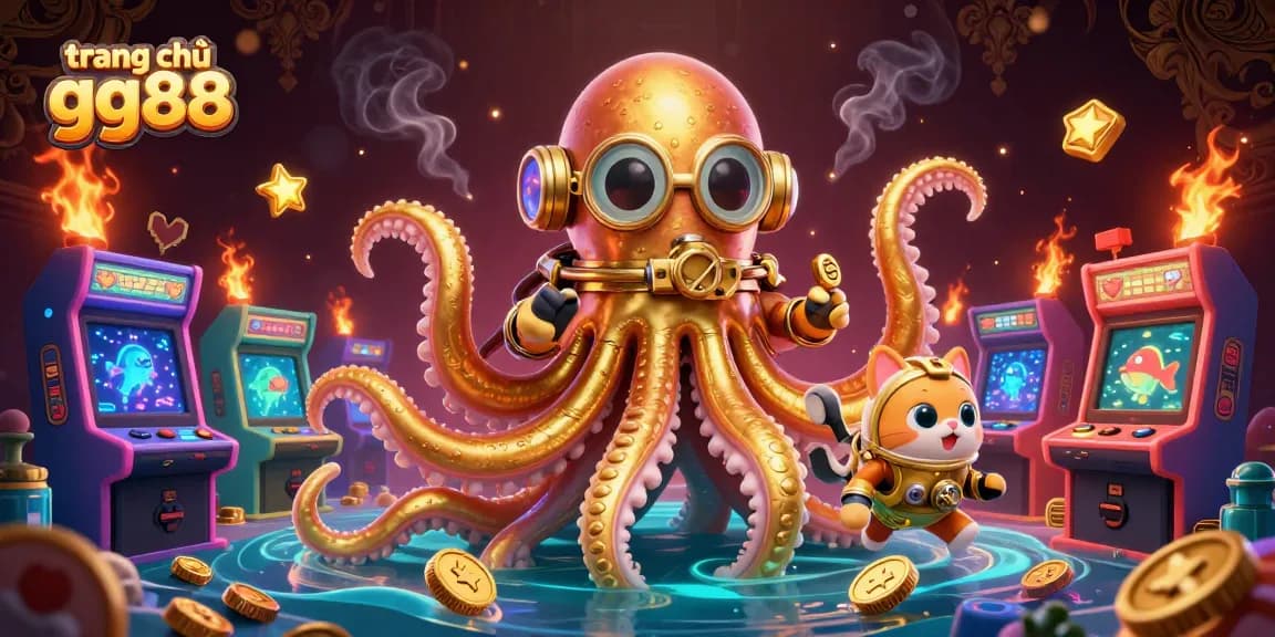 Engage with the colorful universe of trang chủ gg88, where a colossal kraken meets a diving cat amid glowing gaming machines.