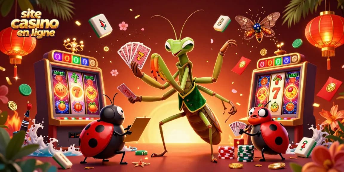 Un site casino en ligne magnifique présentant un caméléon jouant aux cartes entouré de machines à sous et de décorations festives.