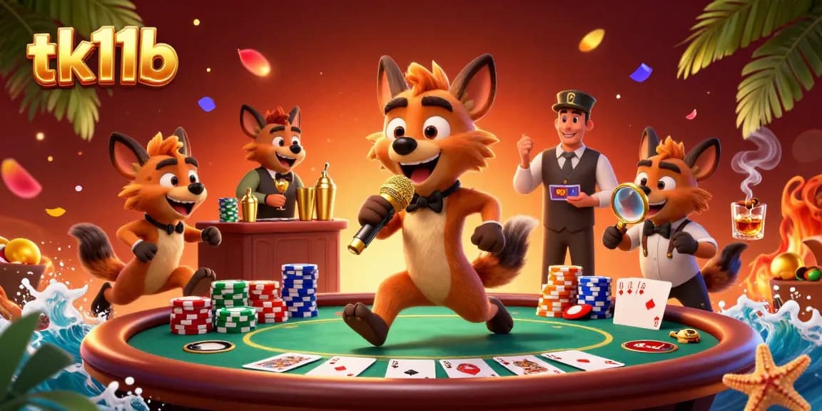 Engage with tk11b’s lively casino atmosphere featuring hyenas as entertainers and game elements.