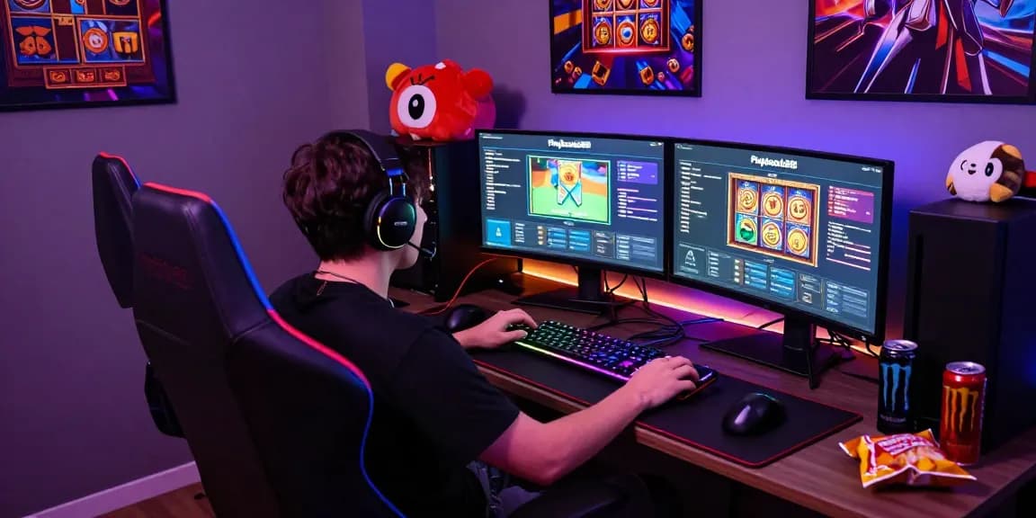 Exciting Playbook88 online gaming setup with dual monitors and vibrant ambiance.