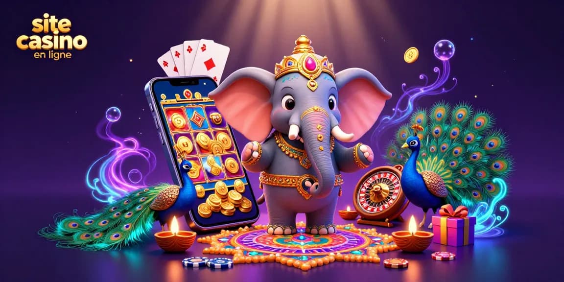 Vivez l'expérience d'un site casino en ligne avec un éléphant décoré lors d'une fête colorée.