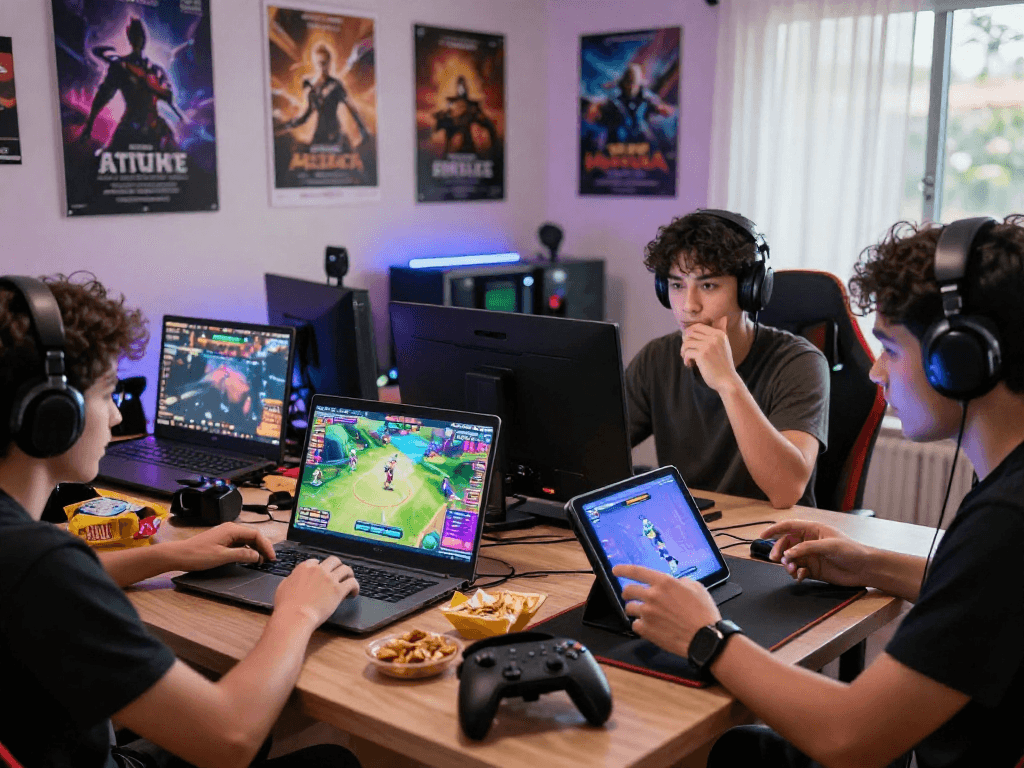 Players enjoying engaging porn games on various devices in a vibrant gaming setup.