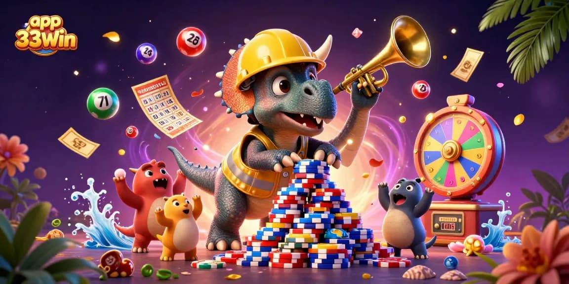 Engage with the app 33Win featuring fun characters and vibrant lottery elements in a colorful casino scene.