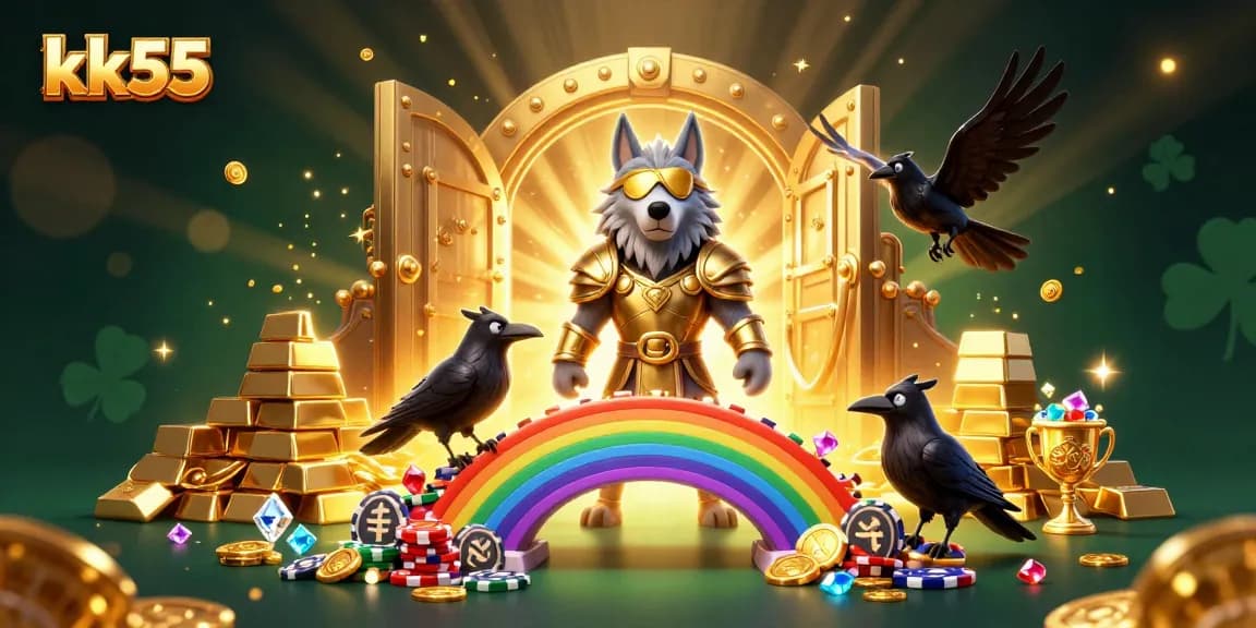 Immerse in kk55's gaming paradise with Odin and ravens on a casino chips bridge.