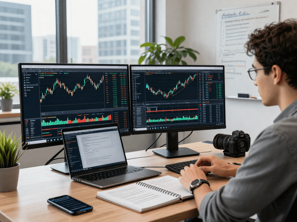 Trader using metatrader 5 on dual monitors with financial charts and market data in a modern office.