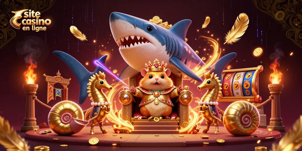 Trône du roi hamster en or entouré d'éléments de jeu sur un site casino en ligne.