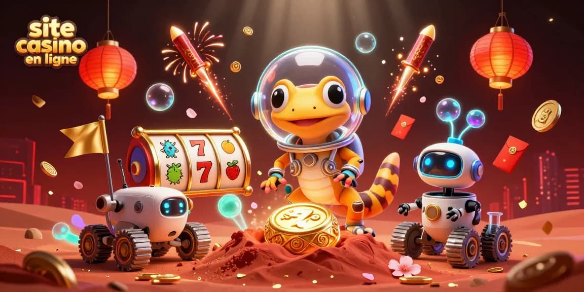 Jouer sur un site casino en ligne avec un gecko martien et un robot, décoré de lanternes et de feux d'artifice.