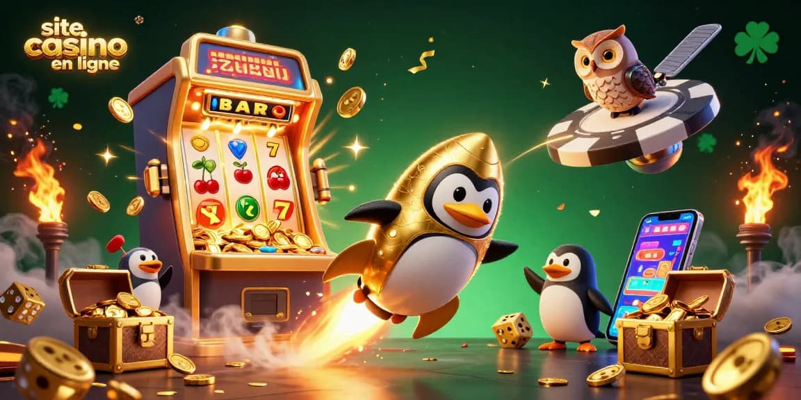 Le site casino en ligne révèle un pingouin doré propulsé par une fusée voyageant dans l'espace, entouré de machines à sous et de trésors.