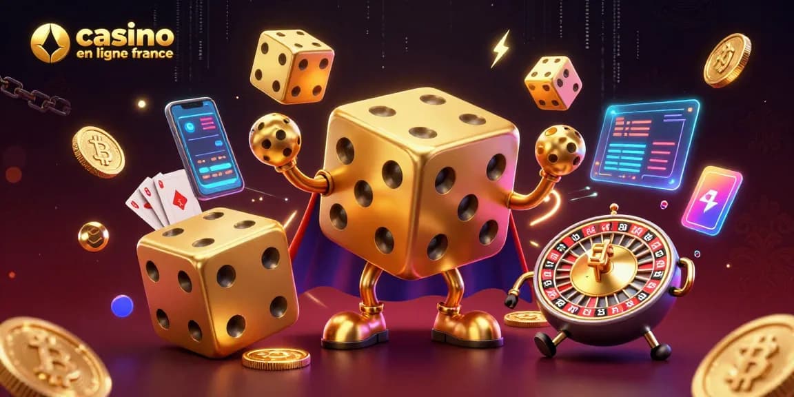 Plongez dans l'univers du casino en ligne France avec un golem de dés dorés et des monnaies numériques brillantes.