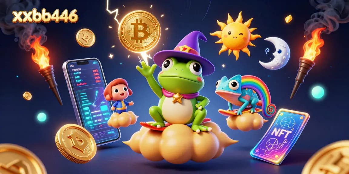 Experience the excitement of gambling with xxbb446, featuring a whimsical wizard frog and chameleon amidst golden coins and crypto elements.
