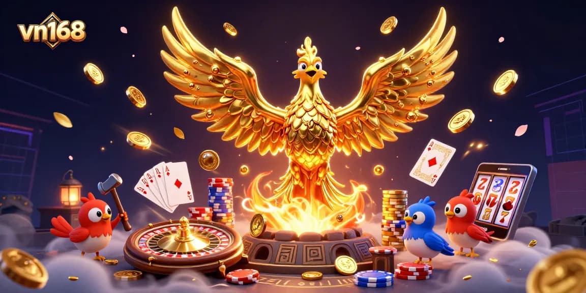 Experience the thrill of vn168 with a golden phoenix and dynamic casino elements in a vibrant 3D scene.