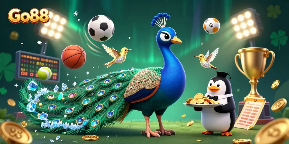 Go88 delivers exciting sports betting action featuring a peacock, penguin, and hummingbird amidst dynamic gameplay elements.