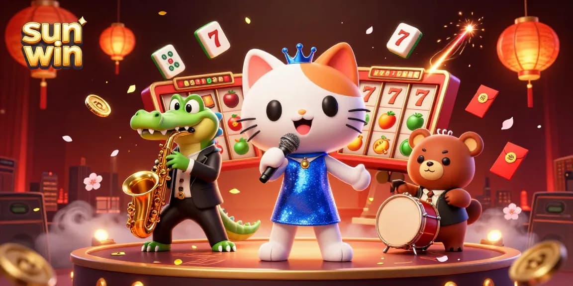 Engage in thrilling gameplay at sun win with a lively illustration of singing cat, saxophone crocodile, and bear cub.