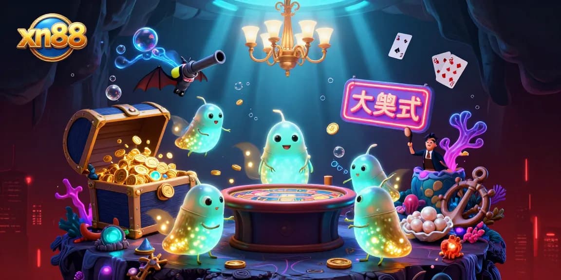 Experience the vibrant xn88 cave casino filled with bioluminescent characters and dynamic gaming elements, creating excitement.