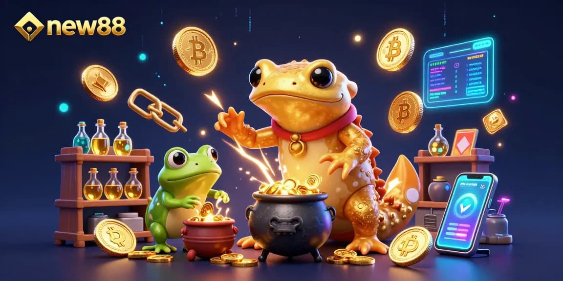 Experience the new88 casino adventure with gold coins and crypto elements in this dynamic illustration.