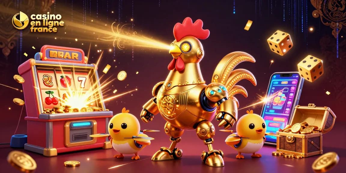 Profitez de jeux de casino en ligne France avec un robot doré et des éléments de jackpot dynamique.