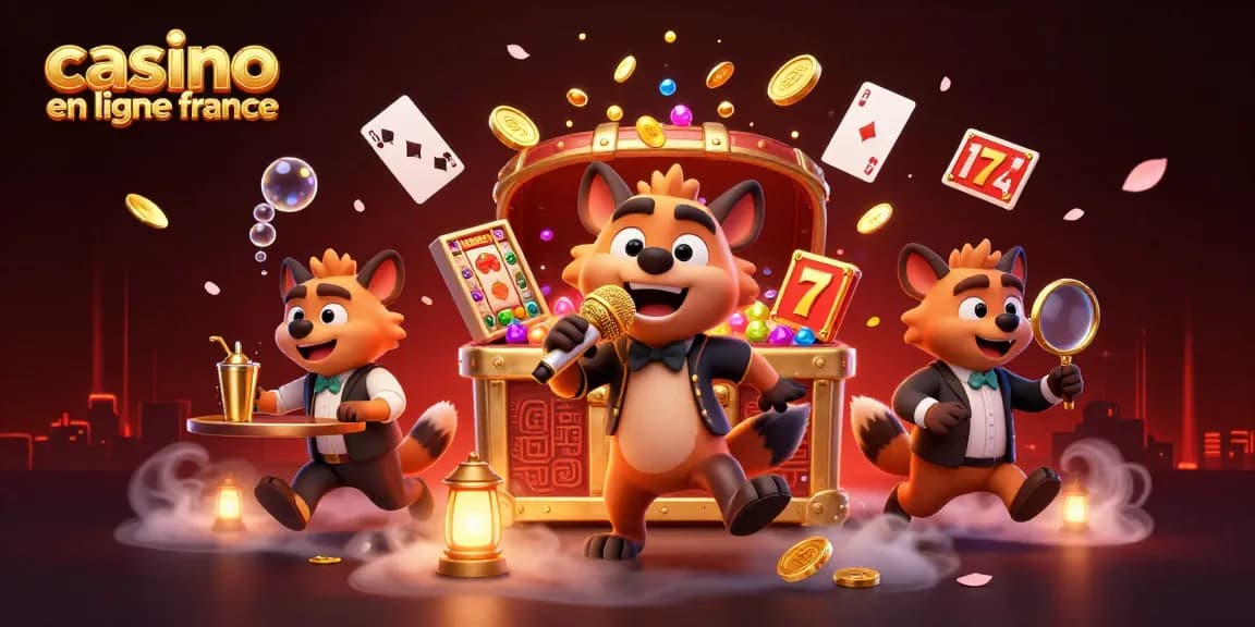 Visualisez un casino en ligne France animé avec des hyènes comiques faisant rire autour des machines à sous.