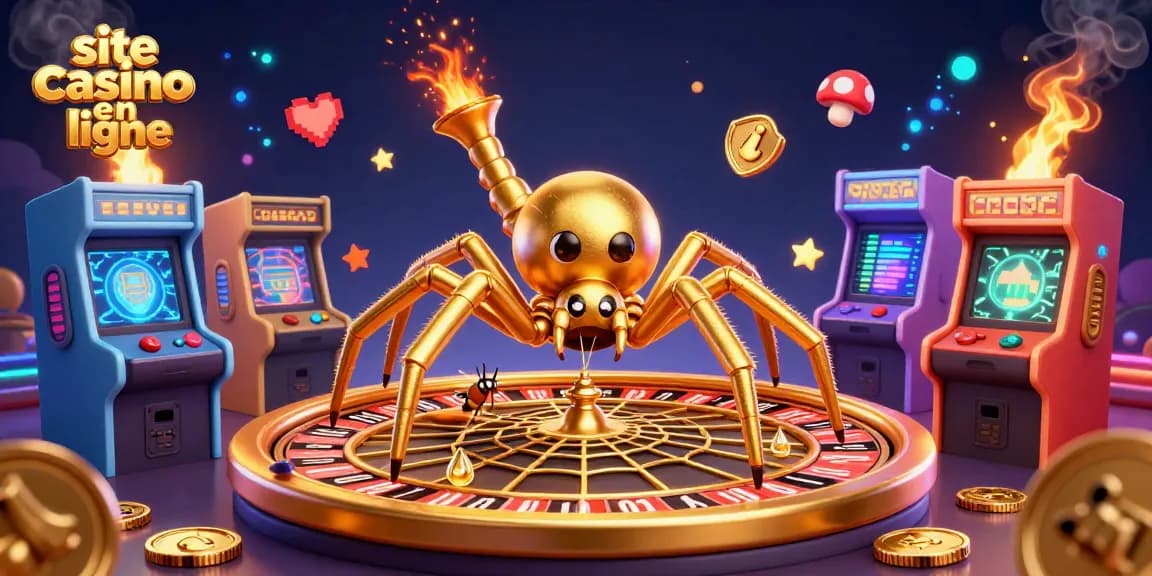 Pariez avec un site de casino en ligne, une araignée dorée et des éléments de jeux de casino dynamiques.