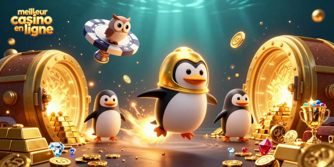 Illustration dynamique du meilleur casino en ligne avec un pingouin doré propulsé par fusée, circulant dans l'espace.