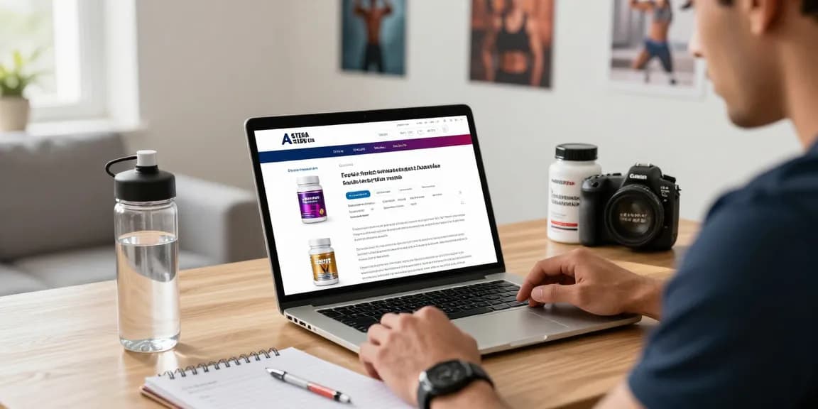 Browsing Astera Shop for lab-tested steroids in a vibrant home setting
