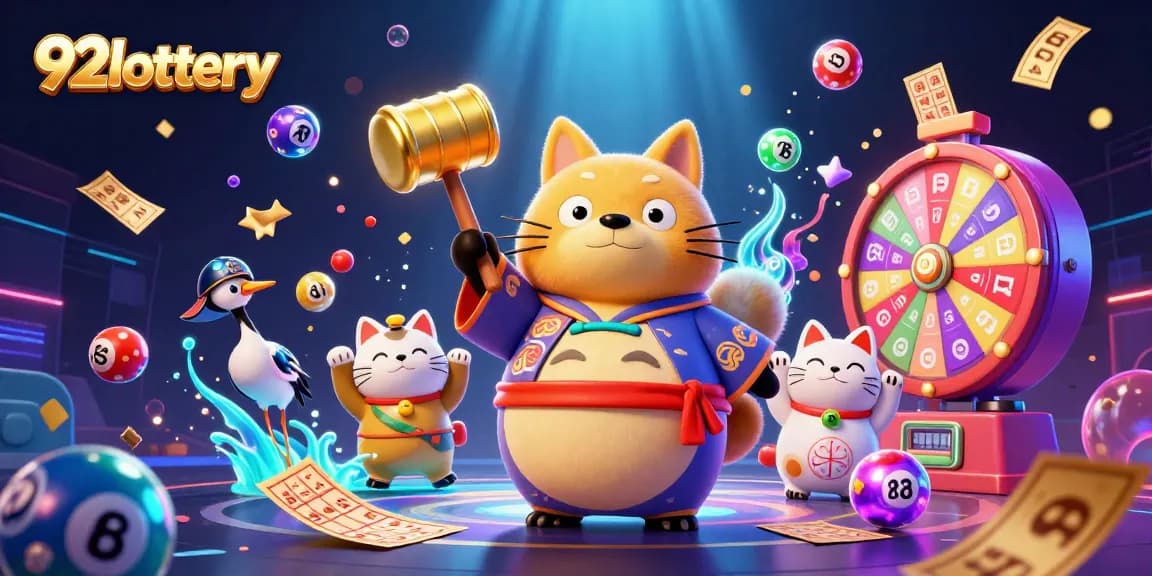 Engage with 92lottery in this dynamic lottery-themed illustration featuring vibrant characters and exciting gaming elements.
