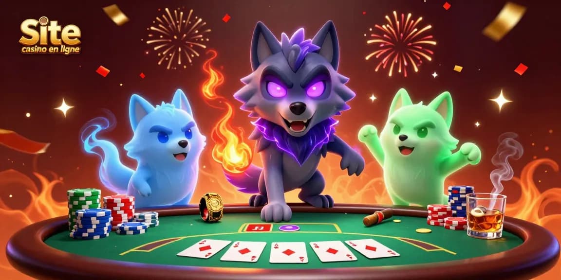 Illustration dynamique de site casino en ligne avec des loups fantomatiques et des éléments de poker.