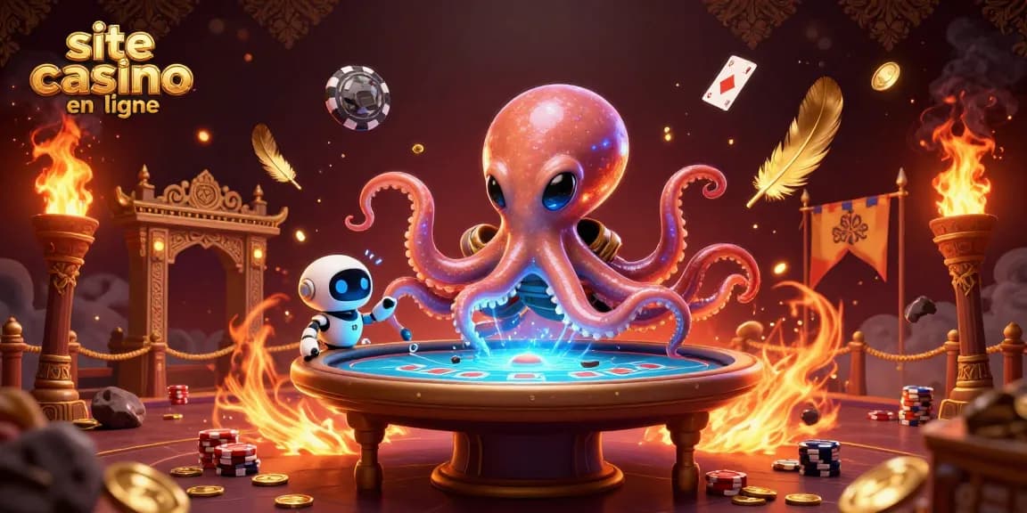 Découvrez le site casino en ligne avec une illustration d'un poulpe extraterrestre à une table de poker holographique.