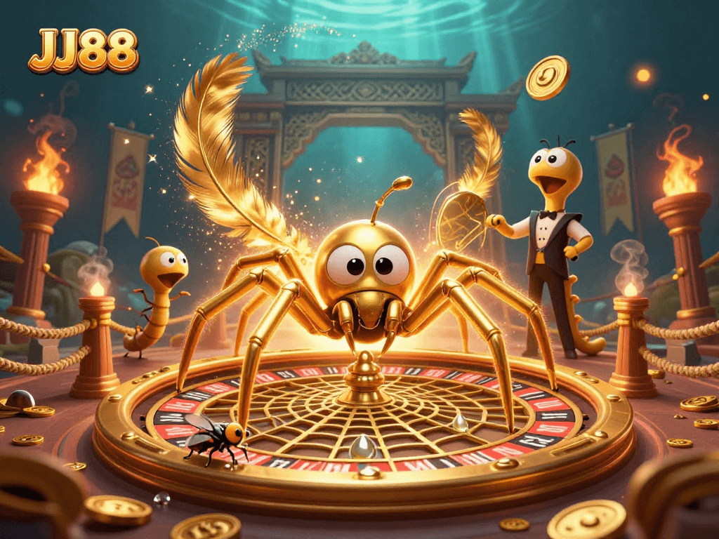Experience the excitement of JJ88, with a golden spider and centipede croupier spinning luck in this vibrant casino scene.