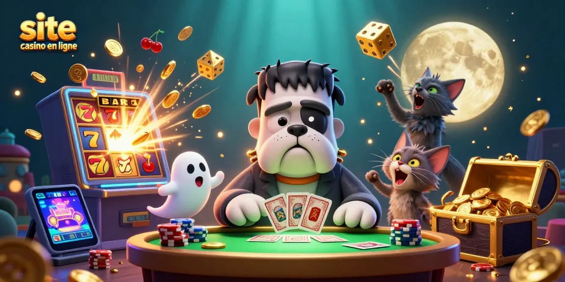Ce site casino en ligne présente une illustration remplie de jeux et de personnages captivants dans un décor animé.