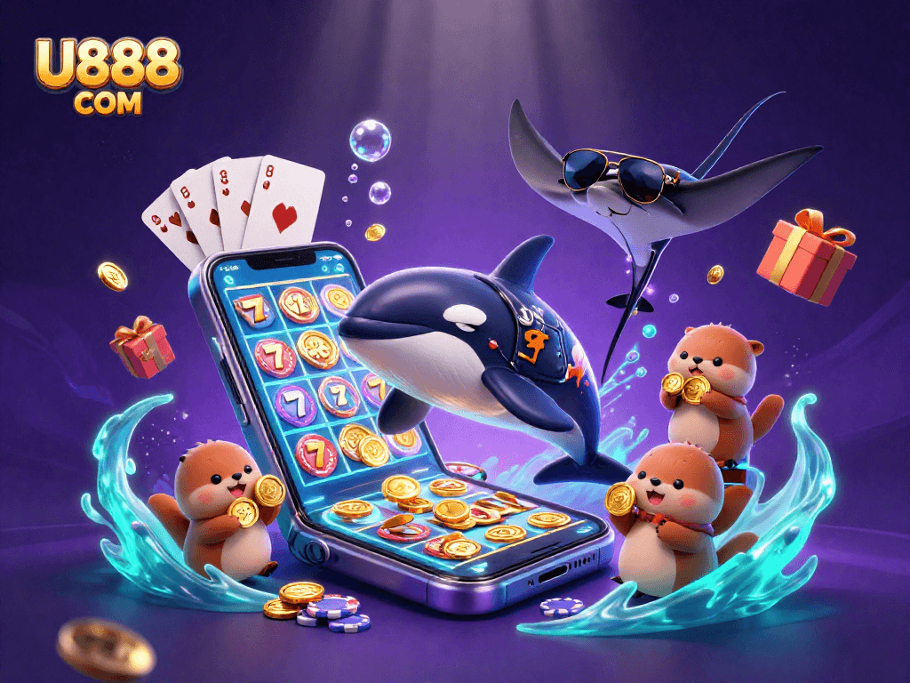 Experience exciting wins at U888 COM with vibrant casino characters and games illustration.