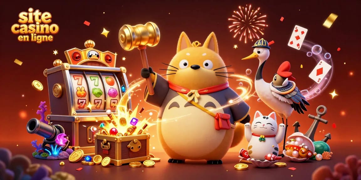 Profitez du site casino en ligne avec des chats maneki-neko et un tanuki chanceux illustré