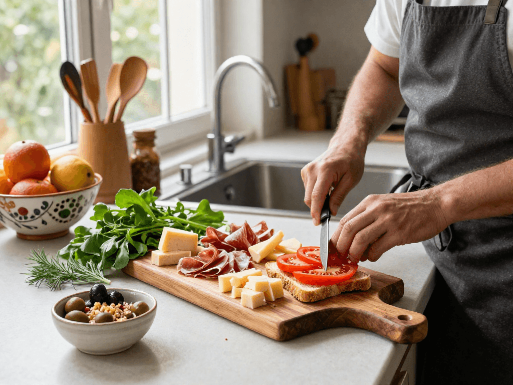 Home cook preparing gourmet sandwiches on a wooden board, showcasing various fresh ingredients and a cozy kitchen setting, highlighting food preparation skills.