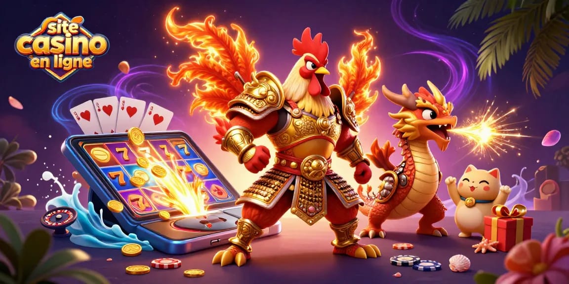 Engagez-vous sur le site casino en ligne avec un combat épique entre un coq guerrier et un dragon, entourés de nombreux jeux.
