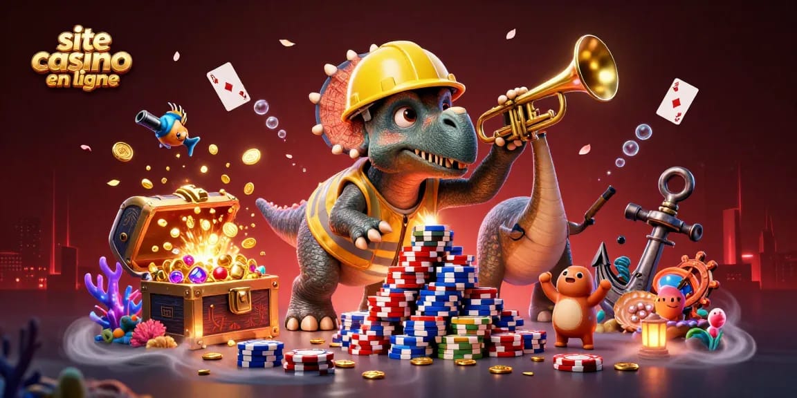 Jeu de casino en ligne avec un triceratops et des éléments de jeu flottants célébrant la victoire.