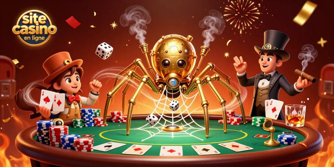 Plongez dans l'univers du site casino en ligne avec cette illustration 3D captivante de l'araignée steampunk et ses dés perdants.