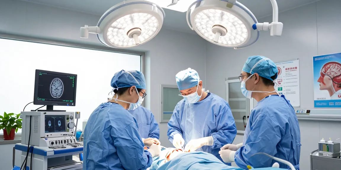 Neurosurgeon performing a beyin ameliyatı in a high-tech operating room, showcasing medical teamwork and advanced technology.