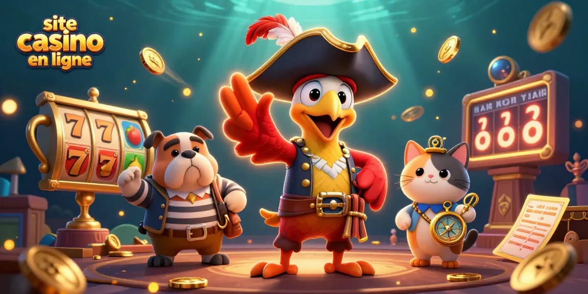 Illustration dynamique de "site casino en ligne" avec un capitaine pirate et des symboles de casino.