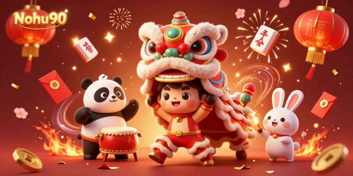 Nohu90 celebrates wins with dazzling lion dance and festive gaming elements in this vibrant composition.