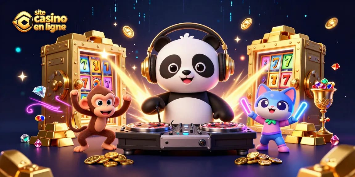 Actionner sur site casino en ligne avec un panda DJ et un singe dansant.