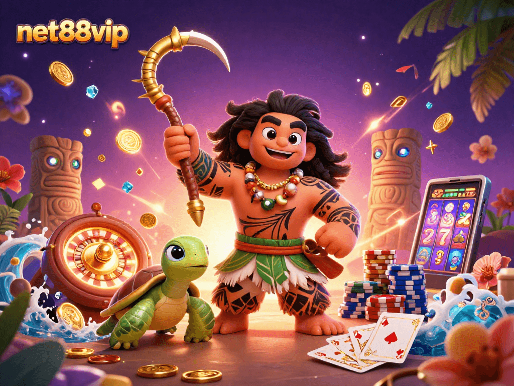 Experience net88vip's vibrant casino adventure with demigod hawk, turtle sidekick, and glowing tiki statues.